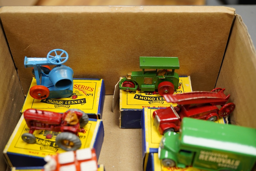 Ten boxed Matchbox Series 1-75 regular wheels vehicles; 1; Aveling Barford Road Roller, 3; Cement Mixer, 4; Massey Harris Tractor, 6; Quarry Truck (flaps on one end reattached with tape repair), 7; Horse drawn milk float